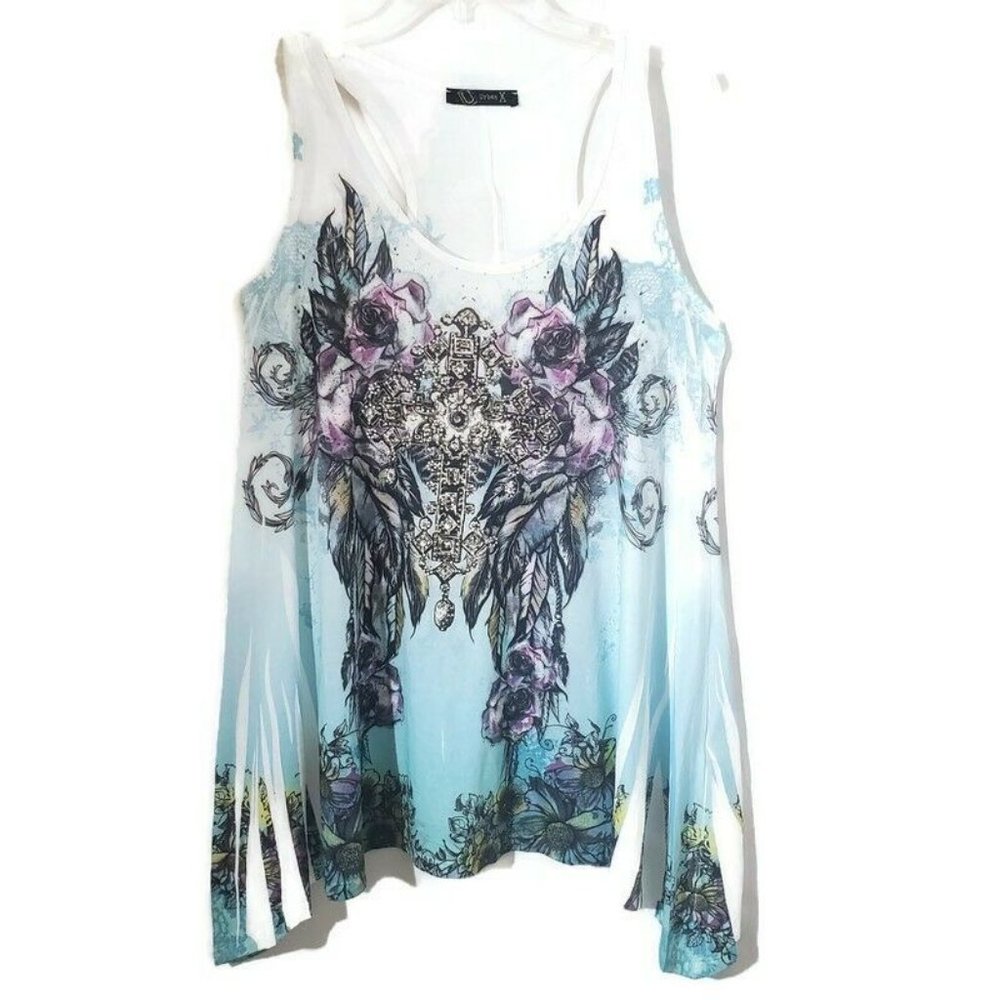 Urban X Racer Back Tank Top Sublimated Print Tattoo Art Cross Rhinestones S